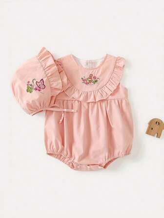 女婴（新生儿）刺绣连体衣配帽子