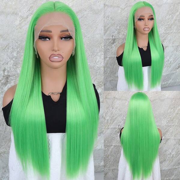 Peluca sintética con encaje frontal color verde, de pelo lacio y sedoso, resistente al calor, sin pegamento, con encaje frontal previamente recortado y cabello bebé, línea natural del cabello de 26 pulgadas, encaje transparente HD sin raya central, para uso diario de mujeres y niñas en fiestas, vacaciones y maquillaje