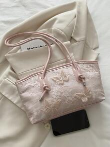 1pc Vintage Butterfly Lace Zipper Closure Bowling Bag, Large Capacity Tote Bag, & High Quality Shoulder Bag, Suitable For Women' Daily Use, School, Work, Commuting , Pink