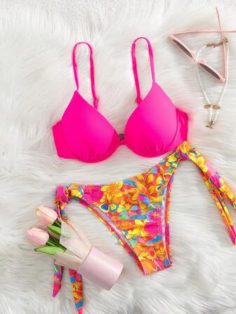 2pcs/Set Floral Print Patchwork Solid Elegant Backless Bow-Knot Bikini Set, Bohemian Sexy Beach Vacation Swimsuit