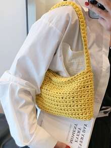 Sac à main femme à une épaule, sac fourre-tout décontracté personnalisé, léger et pliable, en crochet/tissu tressé, de style mode, ouvert sur le dessus, sac souple blanc - Jaune citron - Voir 3