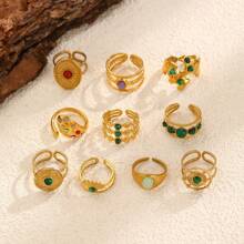 Multi-Piece Set Of Elegant 18K Gold Plated Stainless Steel Faux Gemstone Rings For Women, Fashion Jewelry Accessories, Luxury Party Wear, Vintage Middle Eastern Dubai Jewelry, Adjustable Rings