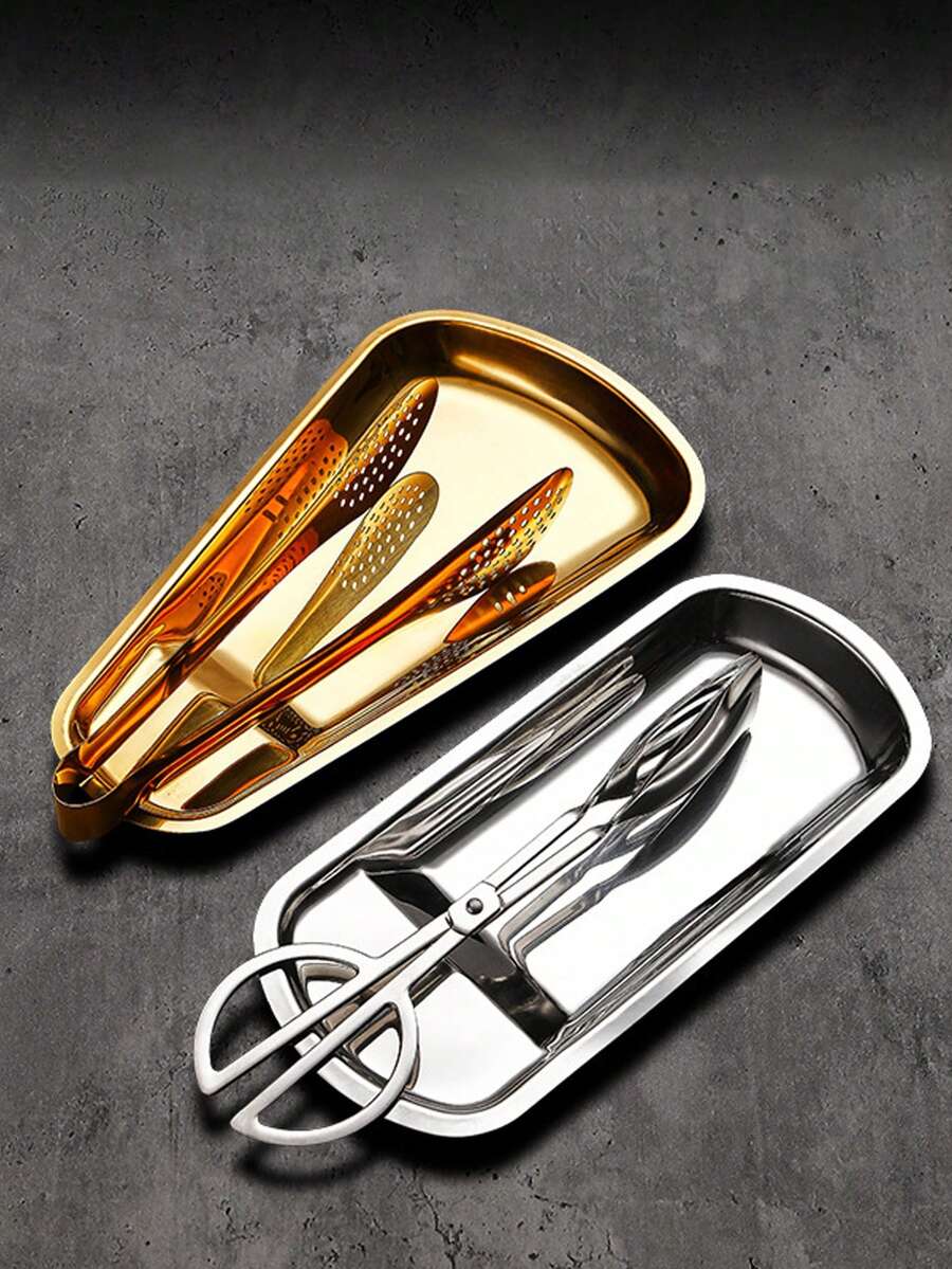 1pc Stainless Steel Kitchen Tongs Tray Plate Holder Rack, Semicircle Tableware Caddy For Household, Restaurant, Buffet - Solid Color - View 1