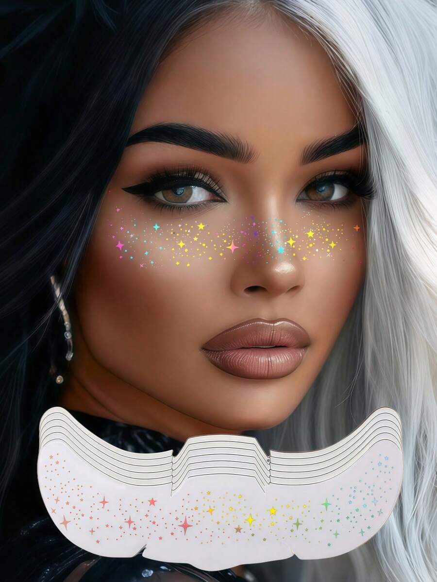 6 Bögen Glitzer-Sommersprossen Holografische Aufkleber, Gesichts-Glitzer-Tattoo, wasserfeste temporäre Tattoos mit glitzerndem Stern-Punkt-Muster für Partys, Musik-Festivals