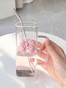 1pc High-Capacity Glass Cup For Female Students With Lid & Straw, Suitable For Summer Drinks And Coffee Back To School - Pink - View 5