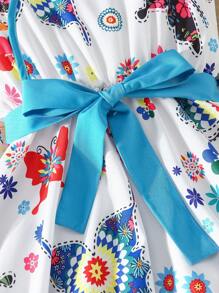 Tween Girl Irregular Hem Camisole Tie Waist Colorblock & Floral Print Dress