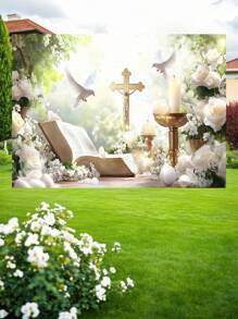 1 Stück florale Erste Heilige Kommunion Taufe Fotografie Hintergrund Gott segne weiße Blumen Friedenstauben goldenes Kreuz Partybanner 150 x 100 / 210 x 150 / 270 x 180 cm Hochzeit Babyparty Geburtstag Fotohintergrund für Innen- und Außenbereich Dekorationsbedarf