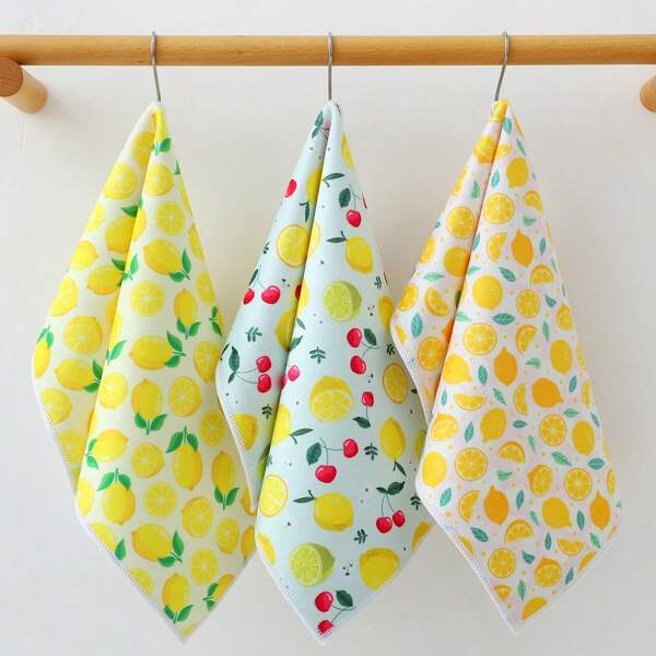 1/3pcs Lemon Print Kitchen Towels-Ultra-Soft, Absorbent Polyester Dish Cloths For Cooking & Cleaning, Machine Washable