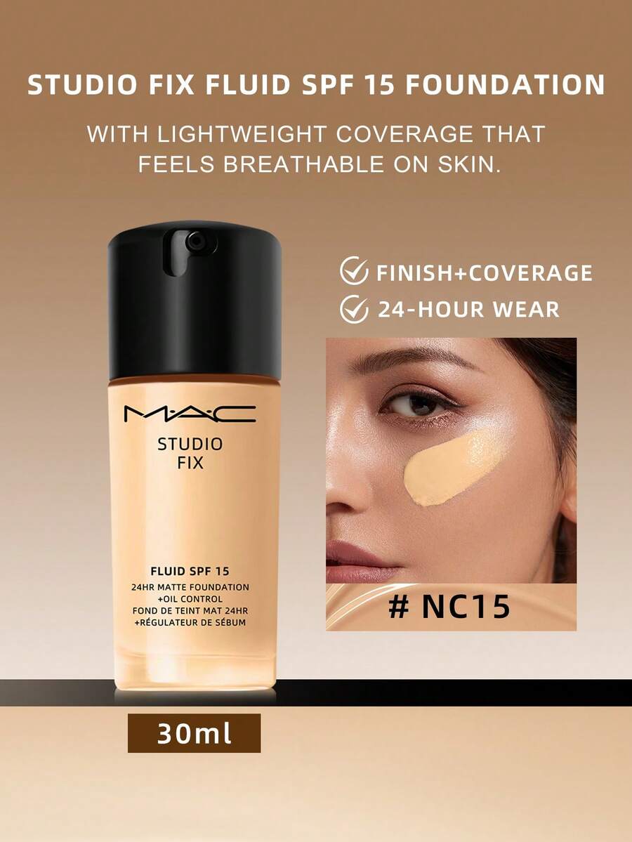 MAC Studio Fix Fluid SPF 15 24Hr Matte Foundation Plus Oil Control - NC15 -1 Fl Oz/30 ML - Flawless Liquid Foundation (New) NC15 (30ml) - View 1