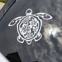 Sea Turtle Hibiscus Flower Car Sticker, Vinyl Die-Cut Floral Turtle Decal For Car Truck Window Laptop, Cute Car Decor Accessories