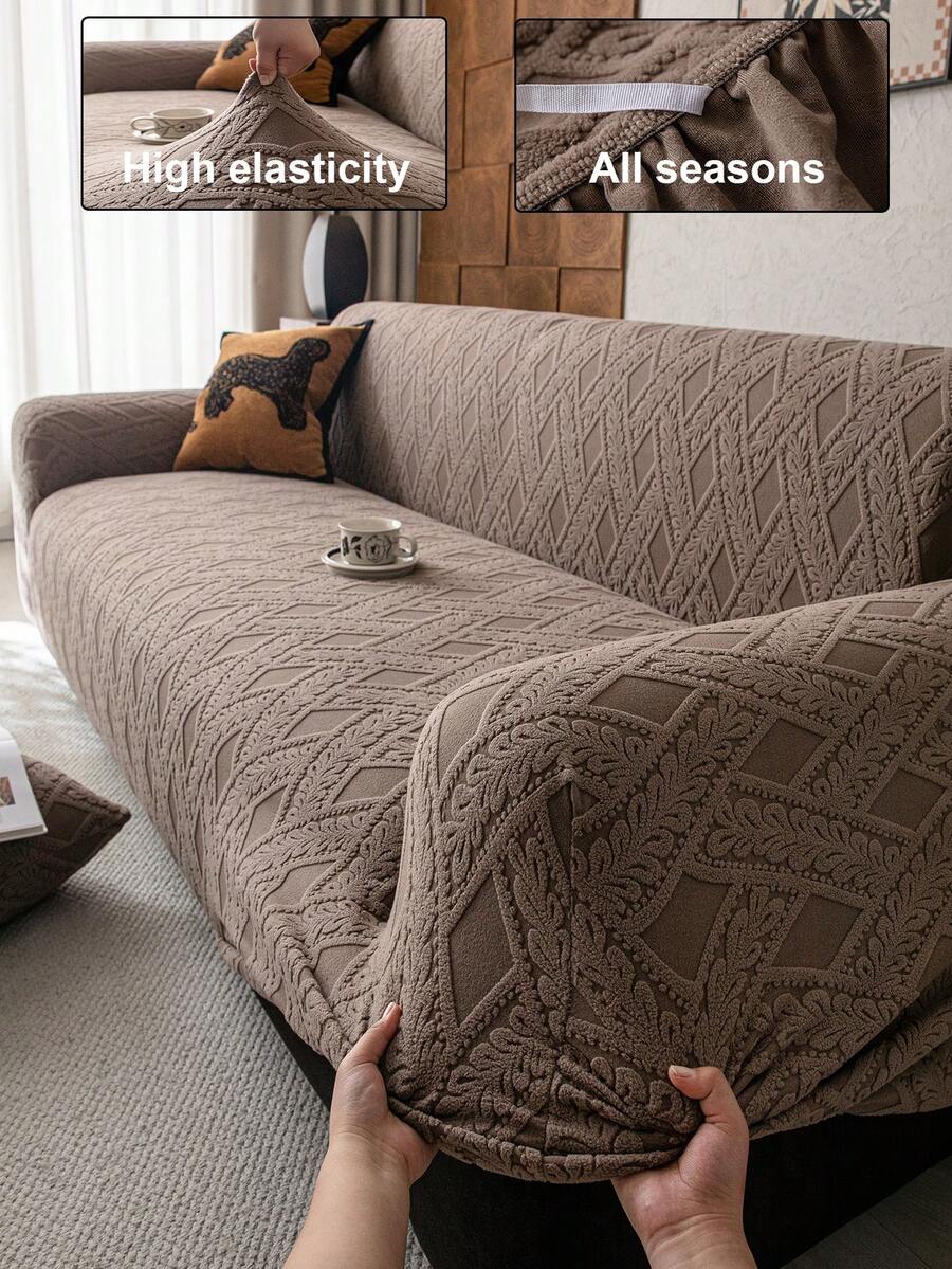 1pc 3D Sofa Cover, Multifunctional Full Wrap Sofa Protector, Solid Color Geometric Pattern Design, Holiday Decor Sofa Slipcover, High Elasticity All-Inclusive Sofa Cover, Suitable For All Seasons - Brown - View 1