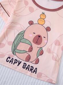 Set de 2 piezas Pijamas de manga corta para niños, nuevos pijamas de verano ligeros con cuello redondo y estampado de capibaras de dibujos animados abstractos, aptos para uso al aire libre, de niña pequeña a adolescente