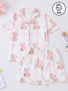 2pcs Girls Pajama Sets, Summer New Cute Teddy Bear Print Cardigan Shirt & Shorts Loungewear Homewear For Kids, Washable & Wearable Outside