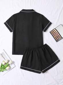 Set 2 buc. pijamale de vară pentru femei, din crep cu bule, culoare neagră, culoare solidă, cămașă cu mânecă scurtă și pantaloni scurți, ținute casual pentru casă de vară
