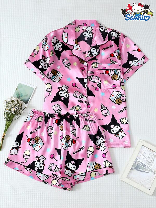 Sanrio 2pcs/Set Spring/Summer Women Licensed Cake Print Lapel Short Sleeve Button Pocket Top And Bow Shorts Pajama Set, Suitable For Home Wear