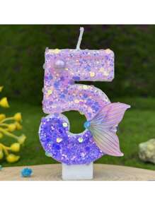 1 Stück lila Meerjungfrau Nummer Kerze, 0-9 Nummer Kerze, mit lila Pailletten und lila Fischschwanz, geeignet für Meerjungfrau-Thema Tortendekor, Geburtstagskerzeg, handgefertigt DIY Herstellung, Position kann leicht variieren
