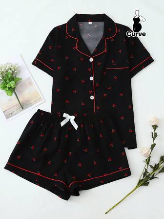 2pcs Plus Size Women Comfy Cherry Print Single-Breasted Lapel Short Sleeve Top And Shorts Pajama Set, Suitable For Home Wear, Spring/Summer, Outfits