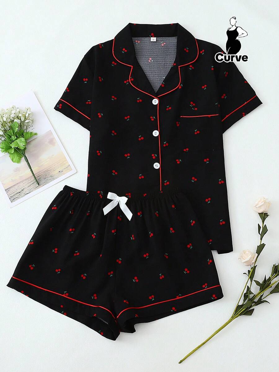 2pcs Plus Size Women Comfy Cherry Print Single-Breasted Lapel Short Sleeve Top And Shorts Pajama Set, Suitable For Home Wear, Spring/Summer, Outfits