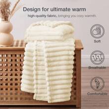 Deluxe Cream Colored Flannel Throw Blanket - Soft, Warm And Cozy Faux Fur With Horizontal Stripes, Suitable For Office, Living Room Or Bedroom, Adorable Blanket