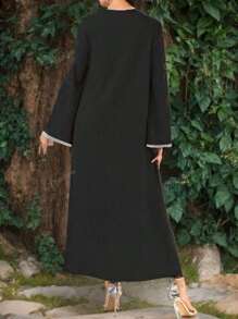 Fashion Women's Black Round Neck Sequin Decoration Elegant Long Loose Arabian Robe