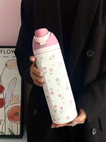 1pc Pink Tulip Pattern 24oz-32oz-40oz Double Wall Stainless Steel Vacuum Insulated Sports Water Bottle, Tumbler With Straw, Suitable For Sports, School, Travel, Gym, Gift For Holidays, Birthday