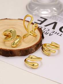 Fashionable Stainless Steel Geometric Water Drop Open Adjustable Rings Set, Multiple Styles Suitable For Women's Daily Wear - Gold - View 1