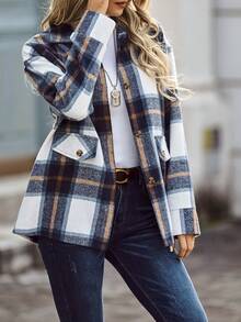 Abrigo De Cuadros De Hombros Caídos Para Mujer,Cuadros Ropa De Exterior Para Mujer,Chamarras Para Mujer,Abrigos Mujer - Azul claro - Ver 4