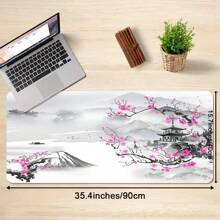 Cherry Blossom Watercolor Gaming Temple Mouse Pad - XL Extended Desk Mat With Non-Slip Rubber Base, Polyester, Rectangular, Ideal For Office And Home Use