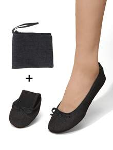 Women's Lightweight, Barefoot-Feel Casual Denim-Style Soft & Versatile Ballet Flats, Foldable Slip-On Indoor Slippers - Black - View 2