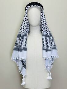 Designer Style Black & White Geometric Pattern Casual Head Scarf/Neck Scarf, Linear Flower Fringe Edging, Suitable For All Seasons