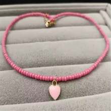 1pc Heart-Shaped Beaded Pendant Necklace, Minimalist & Practical Multifunction - Pink - View 6