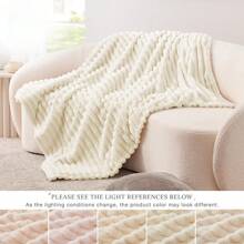 Deluxe Cream Colored Flannel Throw Blanket - Soft, Warm And Cozy Faux Fur With Horizontal Stripes, Suitable For Office, Living Room Or Bedroom, Adorable Blanket