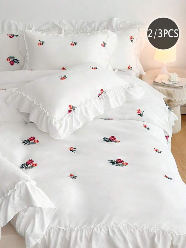 2/3 pièces Ensemble de couette 100% polyester avec fleurs brodées, décoration volantée, sans rembourrage (1 housse de couette et 1/2 taies d'oreiller), ensemble de literie moderne en polyester pour toutes les saisons, avec bords volantés