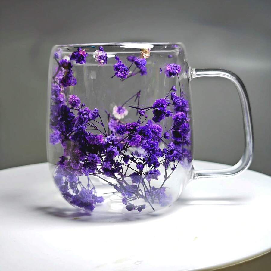 1個 250ml 雙層玻璃咖啡杯馬克杯,內含乾燥花,適合酒吧、辦公室、廚房裝飾,適用於婚禮季、派對,可作為生日禮物、情人節禮物、新年禮物送給愛人、老師、朋友和家人 - 彩色 - 查看 1