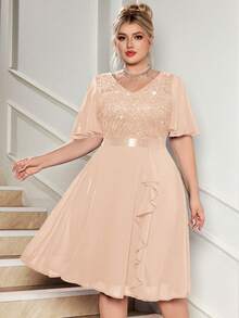 Plus V-Neck Sequin Floral Lace Contrast Chiffon Butterfly Sleeve Ruffle Hem Evening Party Swing Dress, Elegant Prom Semi Formal Wedding Guest Dress, For Birthday, Graduation, Dinner Date - Champagne - View 10