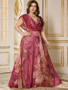 SUPGIR Plus Size Cowl Neck Watercolor Print Chiffon Flowy Party Evening Dress, Formal, Gown, For Wedding Guest - Màu đỏ tím - Xem 6