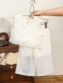 Girls Jacquard Crew Neck Sleeveless Ruffle Top + Wide Leg Pants 2-Piece Set, Summer - Apricot - View 2