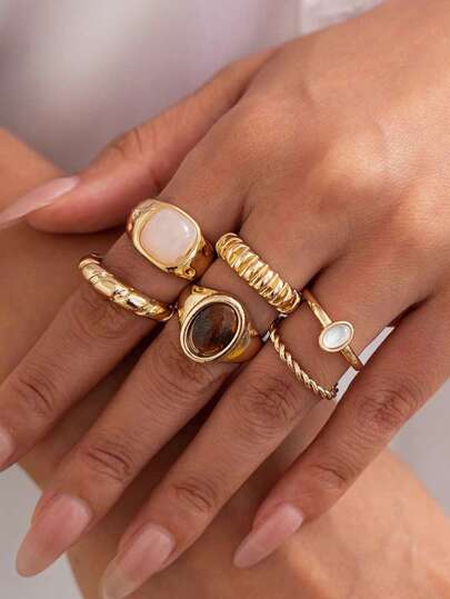 6pcs/Set French Minimalist Personalized Design Metal Vintage Rings Set, Suitable For Parties, Gifts, Daily Wear (Includes Size Guide, Please Handle Carefully)