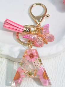 One Initial Keychain For Girl And Ladies, Pink Cute Dry Flower Dandelion Key Chain, Backpack/Handbag Decoration, Butterfly Tassel, Gift Car Accessories Bag Charm School Goth Y2k