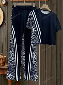 New Casual Comfy Leopard Print Round Neck Short Sleeve Top & High Waist Pocket Straight Leg Pants Set, Spring/Summer
