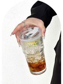 1 pieza, Vaso de vidrio con rayas, con pajita y tapa - 20.29oz/600ml, Vaso de vidrio para beber visualmente atractivo adecuado para café, té, whisky, leche, Americano y bebidas con leche con hielo