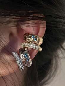 朋克风无耳洞粗圆夹式耳环，金色纹理圆线耳夹，粗犷耳夹，珠宝礼品 - 鑲鑽耳夾 - 查看 22