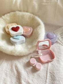 1pc Cute Mini Case, Travel Set, Heart/Square Shape Colored Contact Lens Case With Mirror - Multicolor - View 4