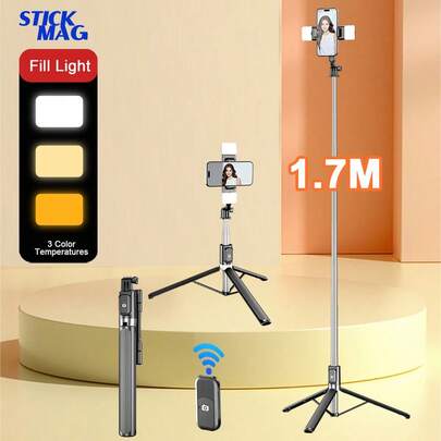 STICKMAG 170cm/130cm Wireless Bluetooth Selfie Stick Tripod With 3-Level Adjustable LED Soft Light, 360° Rotation Stainless Steel Anti-Shake, Compatible With IPhone, Android Smartphones, Suitable For Travel, Live Streaming, Family & Friends Photos