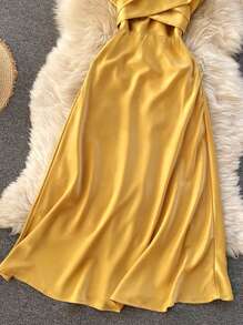 Women's Elegant V-Neck Tie Waist Satin Shiny Charming Sleeveless Dress For Spring/Summer, Ramadan