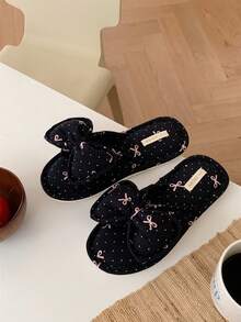 XIXITIAO 1 par de cómodas pantuflas de lino con lazo y lunares, pantuflas planas casuales para parejas, transpirables para todo el año, zapatos de piso de lino adecuados para el hogar, pantuflas planas clásicas de color block para mujer, baño - Lazo negro con lunares pequeños - Ver 6