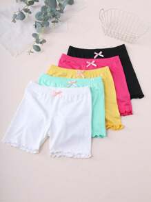 5 Girls Solid Color Bowknot Panties, Ruffled Safety Shorts, Suitable For Daily Life