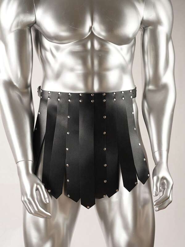 1pc Men's Retro Gothic Style Armored Kilt, Black Faux Leather With Fringe Details, Metal Buckles, Square Buttons, Tie-Up Design, Suitable For Halloween, Mardis Gras Costume