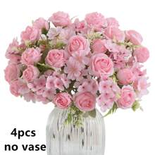 1/4 peças Buquê de Flores Artificiais Realistas, Buquês Reutilizáveis de Rosas Falsas, Crisântemos, Hortênsias com Haste, Decoração de Mesa de Sala, Arranjos Florais Artificiais, Decoração de Jardim Exterior, Decoração de Casamento Chá de Panela, Outono - Sem Recipiente