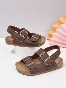1 Pair Children's Soft Comfortable Sandals, Brown Hook And Loop Casual Open Toe Fashion Beach Shoes, Summer - Brown - View 2